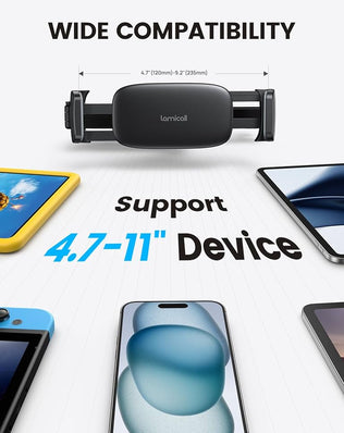 Problems Solved aluminium car headrest tablet mount with adjustable arm, holding a tablet securely in a vehicle headrest.