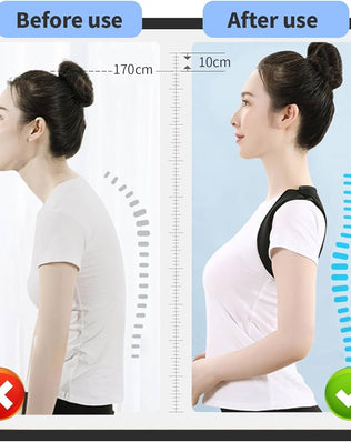 Problems Solved adjustable, breathable posture corrector back brace showing adjustable straps and breathable fabric for improved posture.