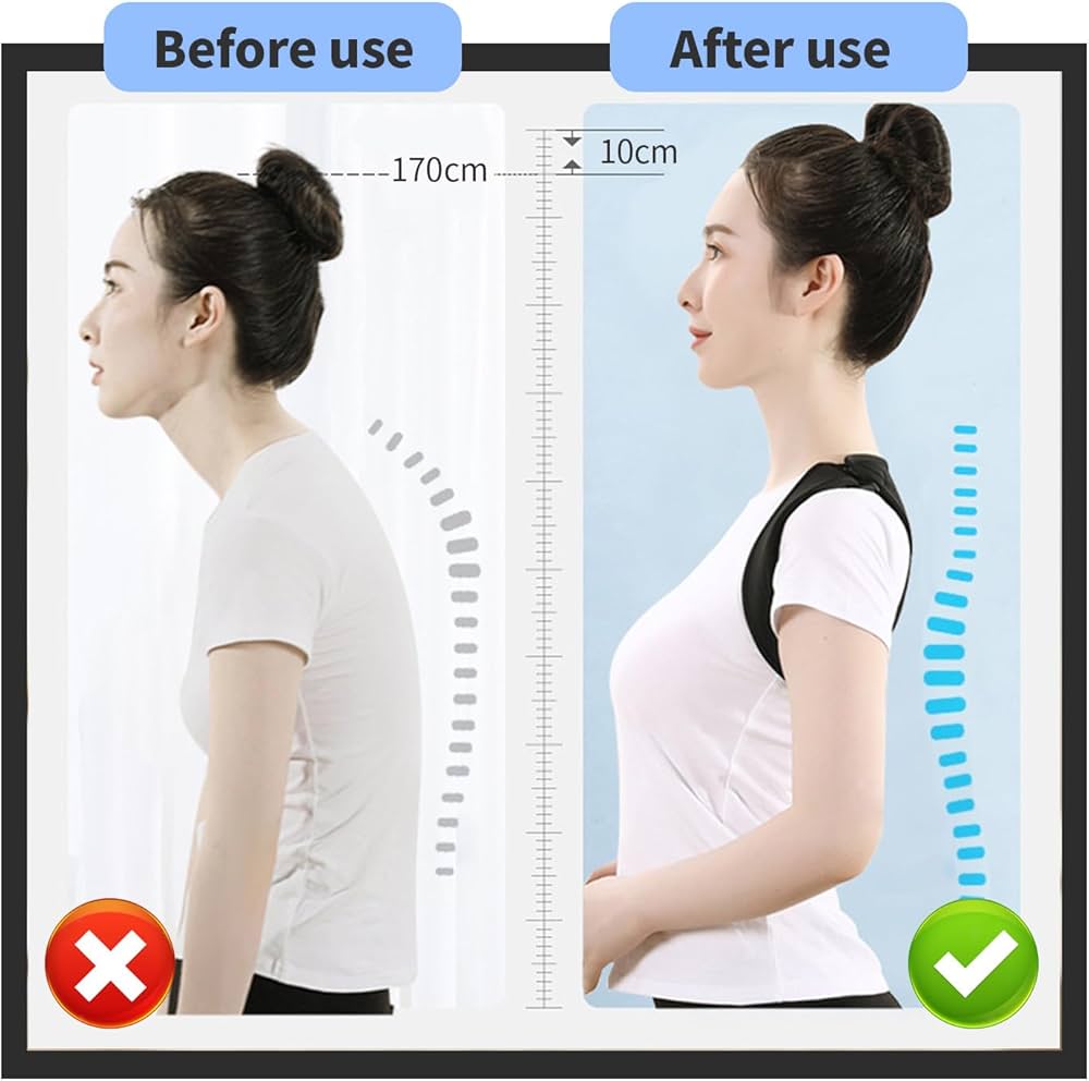 Problems Solved adjustable, breathable posture corrector back brace showing adjustable straps and breathable fabric for improved posture.