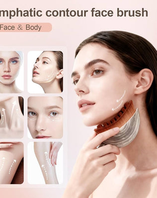 Problems Solved contour face brush for manual lymphatic drainage and natural makeup application, with soft bristles and ergonomic handle.