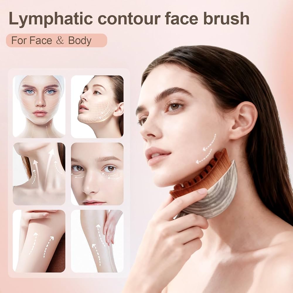 Problems Solved contour face brush for manual lymphatic drainage and natural makeup application, with soft bristles and ergonomic handle.