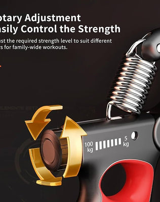 Problems Solved adjustable hand grip strength trainer with 5-100kg resistance, featuring black and silver design for grip strength exercises.