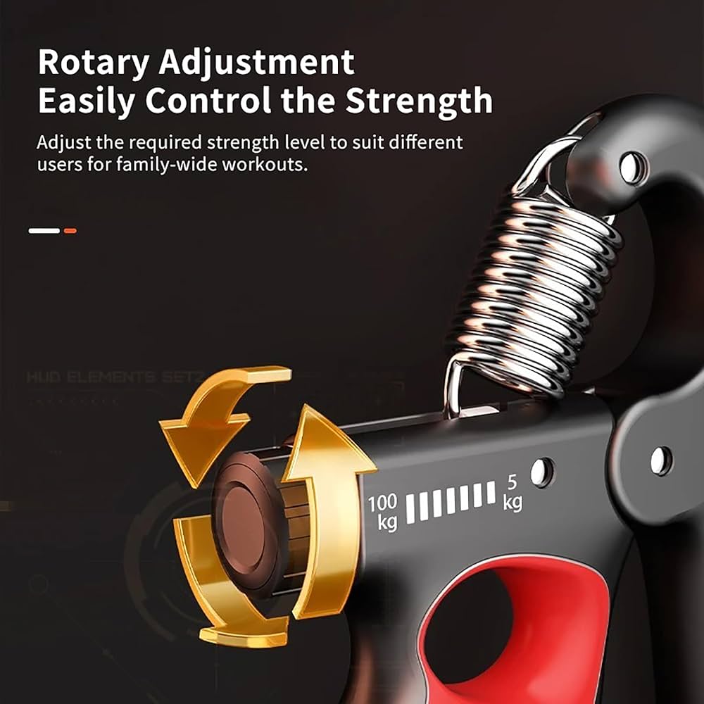 Problems Solved adjustable hand grip strength trainer with 5-100kg resistance, featuring black and silver design for grip strength exercises.