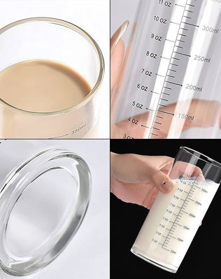 Problems Solved 350ml glass measuring cup with double scale, heat-resistant borosilicate, suitable for cold and hot liquids.