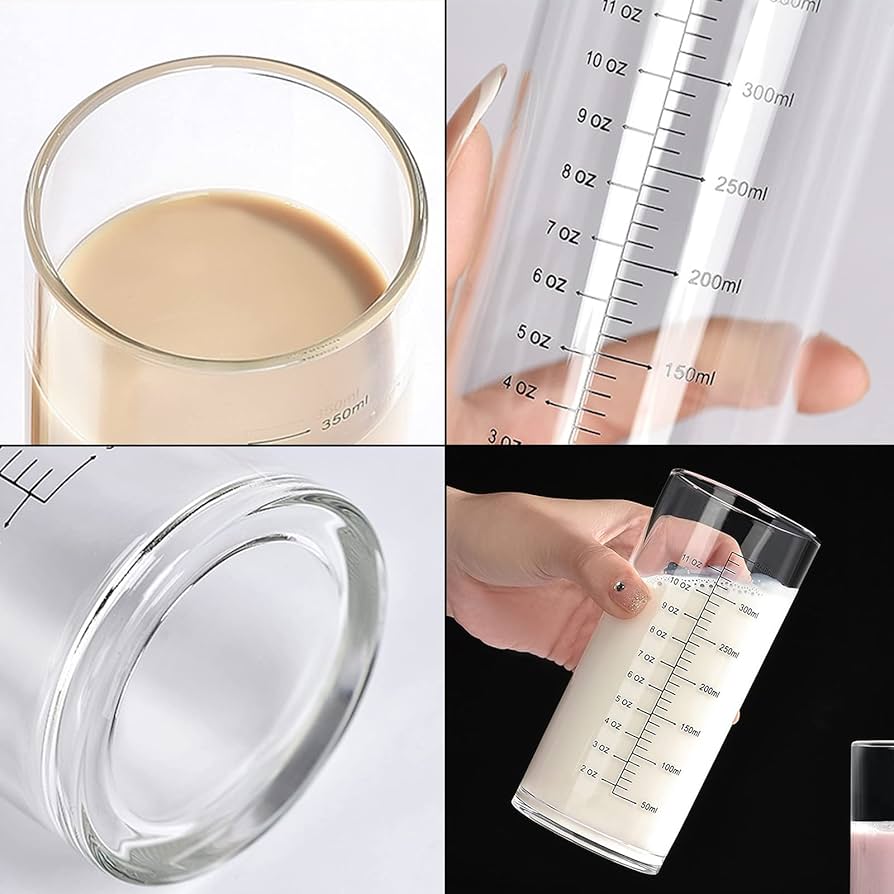 Problems Solved 350ml glass measuring cup with double scale, heat-resistant borosilicate, suitable for cold and hot liquids.