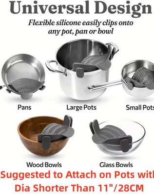 Adjustable silicone clip-on drainer for pots, pans, and bowls by Problems Solved, shown attached to a cookware set.