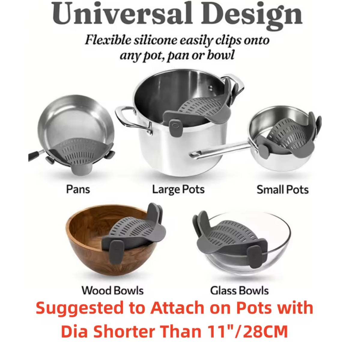 Adjustable silicone clip-on drainer for pots, pans, and bowls by Problems Solved, shown attached to a cookware set.