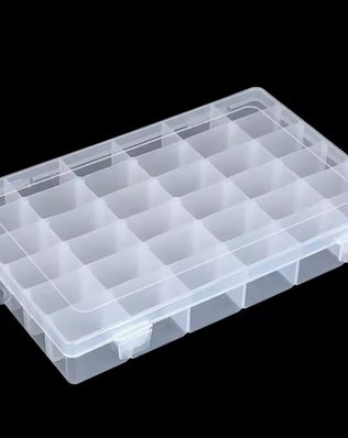 Clear plastic storage box with multiple compartments by Problems Solved, perfect for organizing small items or craft supplies.