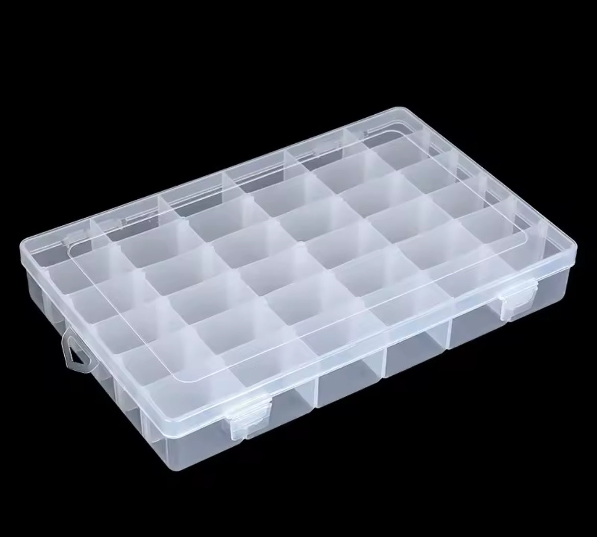Clear plastic storage box with multiple compartments by Problems Solved, perfect for organizing small items or craft supplies.