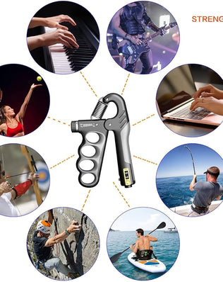 Problems Solved hand grip strengthener with counter, featuring ergonomic design for forearm and hand muscle exercises.