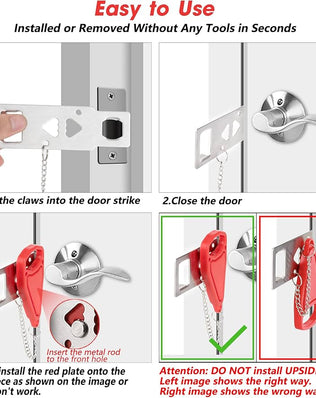 Problems Solved portable door lock for hotel travel safety, showing a secure travel lock on a hotel door for home or travel security.