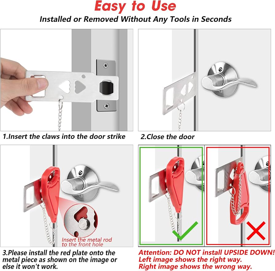 Problems Solved portable door lock for hotel travel safety, showing a secure travel lock on a hotel door for home or travel security.