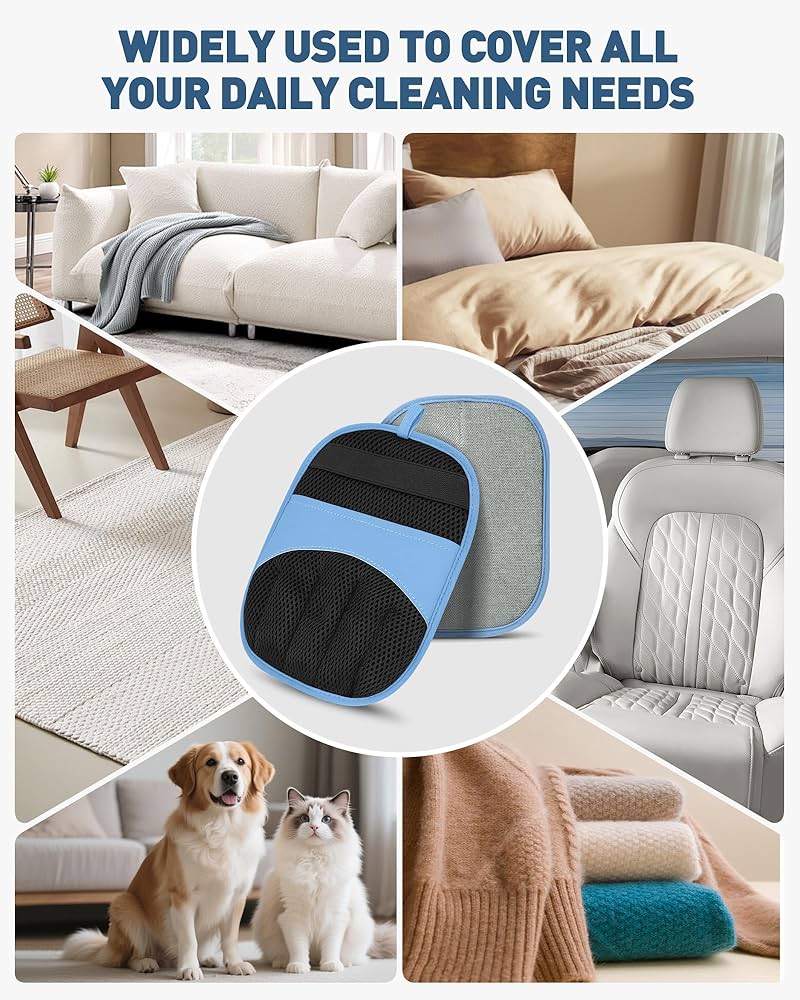 Problems Solved Magic Brush Glove Pet Hair removal gloves, electrostatic grooming tool, shown on pet fur for easy hair removal.