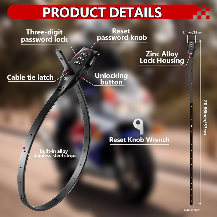 Problems Solved 3-digit combination cable lock with adjustable zip tie style shown securing a bike rack for theft prevention.