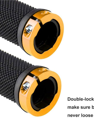 Pair of Problems Solved non-slip rubber bicycle handlebar grips with aluminum end caps for comfortable bike riding.