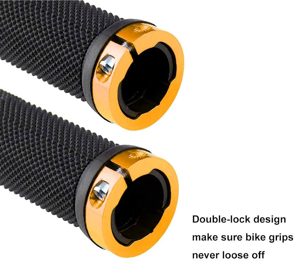 Pair of Problems Solved non-slip rubber bicycle handlebar grips with aluminum end caps for comfortable bike riding.