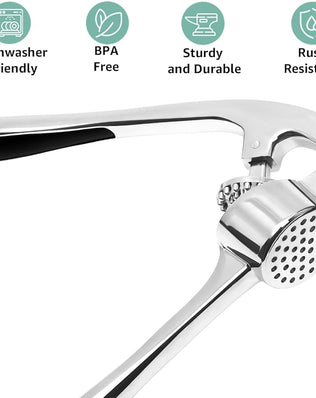 Problems Solved garlic press crusher and mincer tool for garlic and ginger, stainless steel design with ergonomic handle.