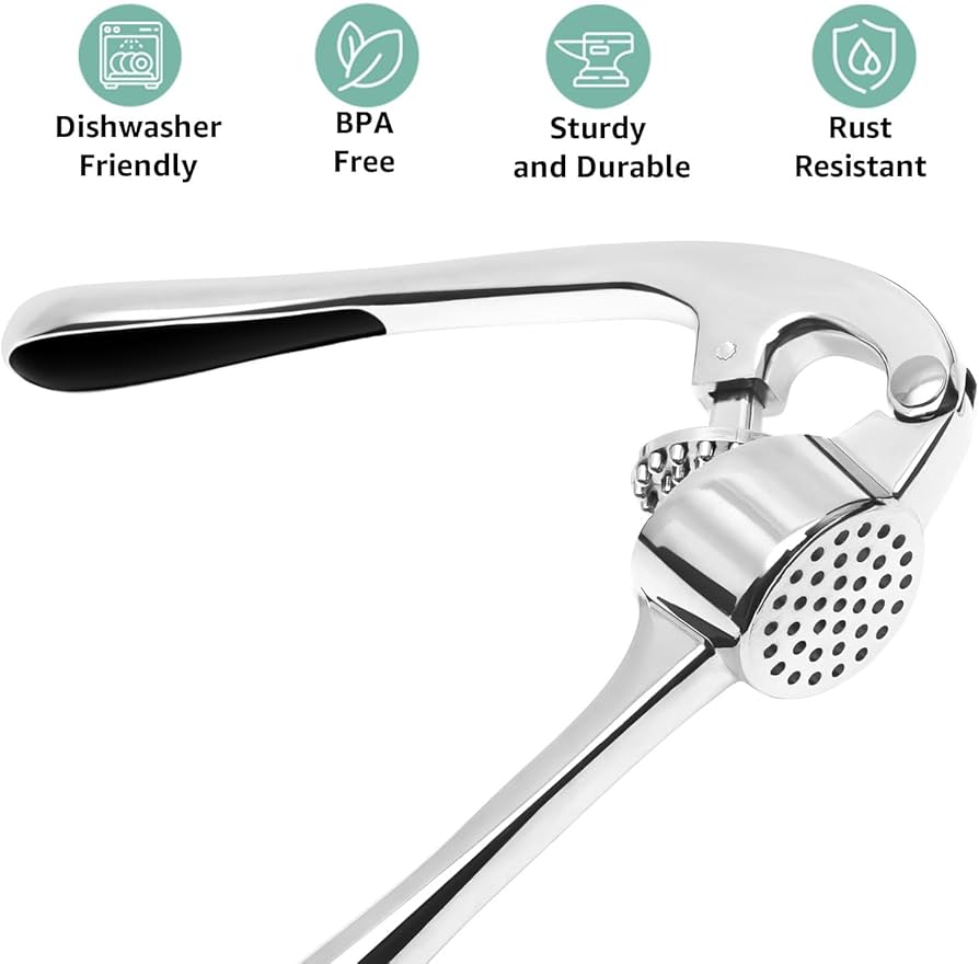 Problems Solved garlic press crusher and mincer tool for garlic and ginger, stainless steel design with ergonomic handle.