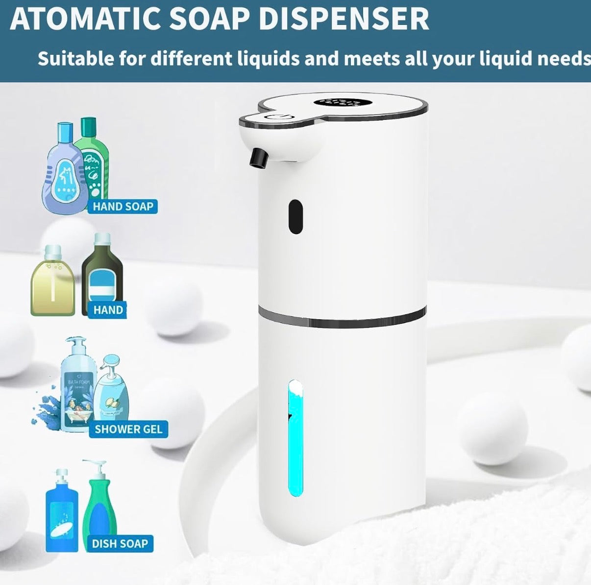 Problems Solved automatic touchless foaming soap dispenser with 6 adjustable levels, sleek design, and sensor for hygienic use.