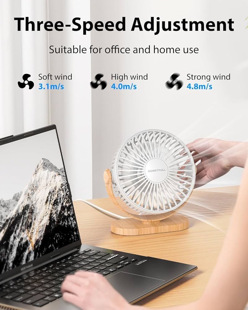 Desk Fan, Small USB Desk Fan Silent, 3 Speeds Portable Personal Desktop Fan