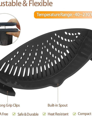 Silicone clip-on pot strainer from Problems Solved, hands-free pan strainer for easy food draining and straining.