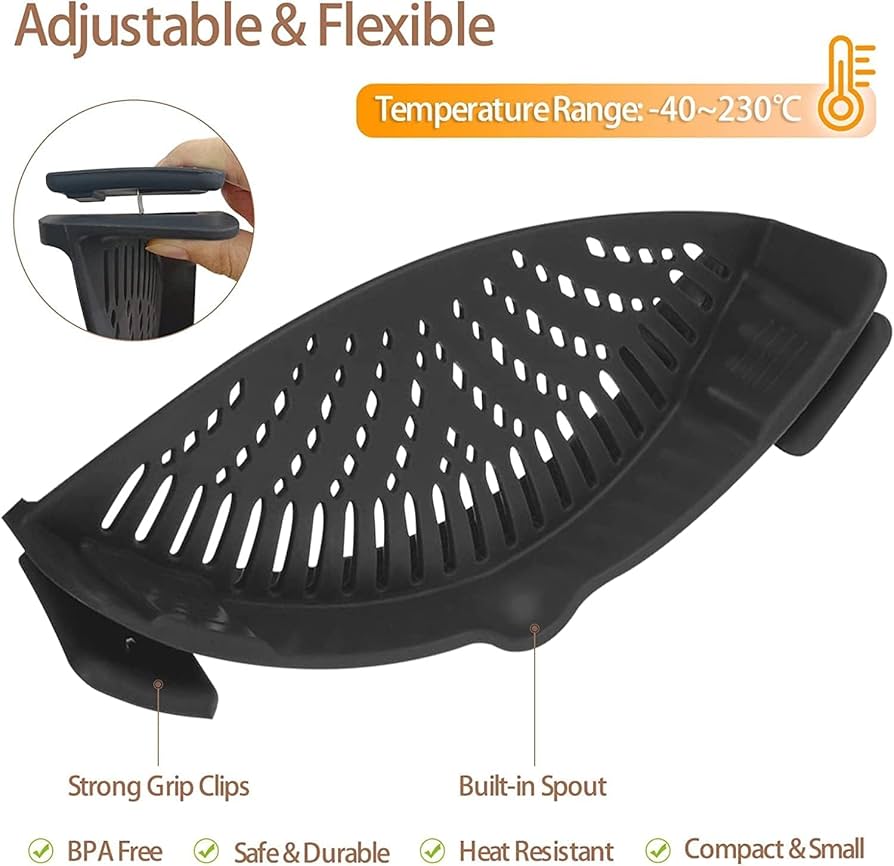 Silicone clip-on pot strainer from Problems Solved, hands-free pan strainer for easy food draining and straining.