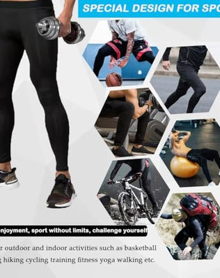 Men's Problems Solved compression trousers, athletic base layer sports tights, close-up view of stretchy, fitted sportswear.