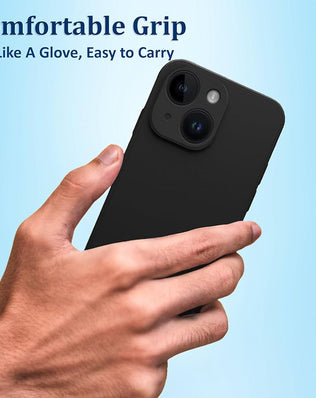 Liquid silicone case for iPhone 14 Plus by Problems Solved, showing a smooth, flexible, and protective phone cover in a close-up view.