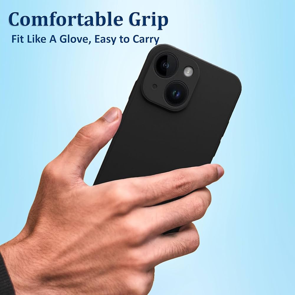 Liquid silicone case for iPhone 14 Plus by Problems Solved, showing a smooth, flexible, and protective phone cover in a close-up view.