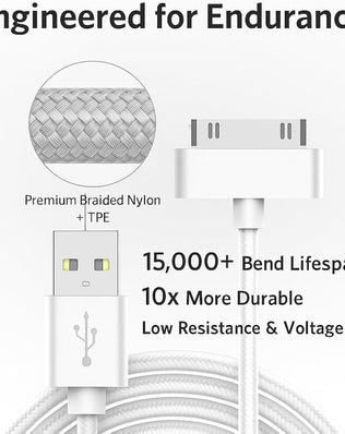 Silver braided iPhone charger cable from Problems Solved, 1 meter USB sync and data charging lead with durable design.