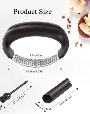 Problems Solved Eastrise stainless steel garlic press and rocker crusher masher on white background, portable manual kitchen tool