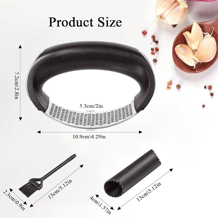 Problems Solved Eastrise stainless steel garlic press and rocker crusher masher on white background, portable manual kitchen tool
