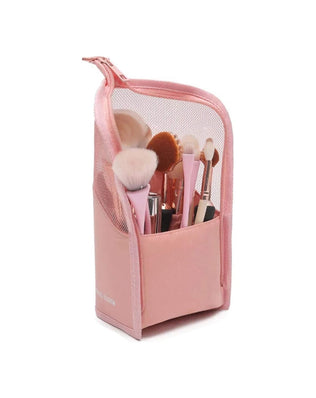 Problems Solved multifunctional makeup brush organiser bag with a semi-clear design, holding and protecting various makeup brushes.