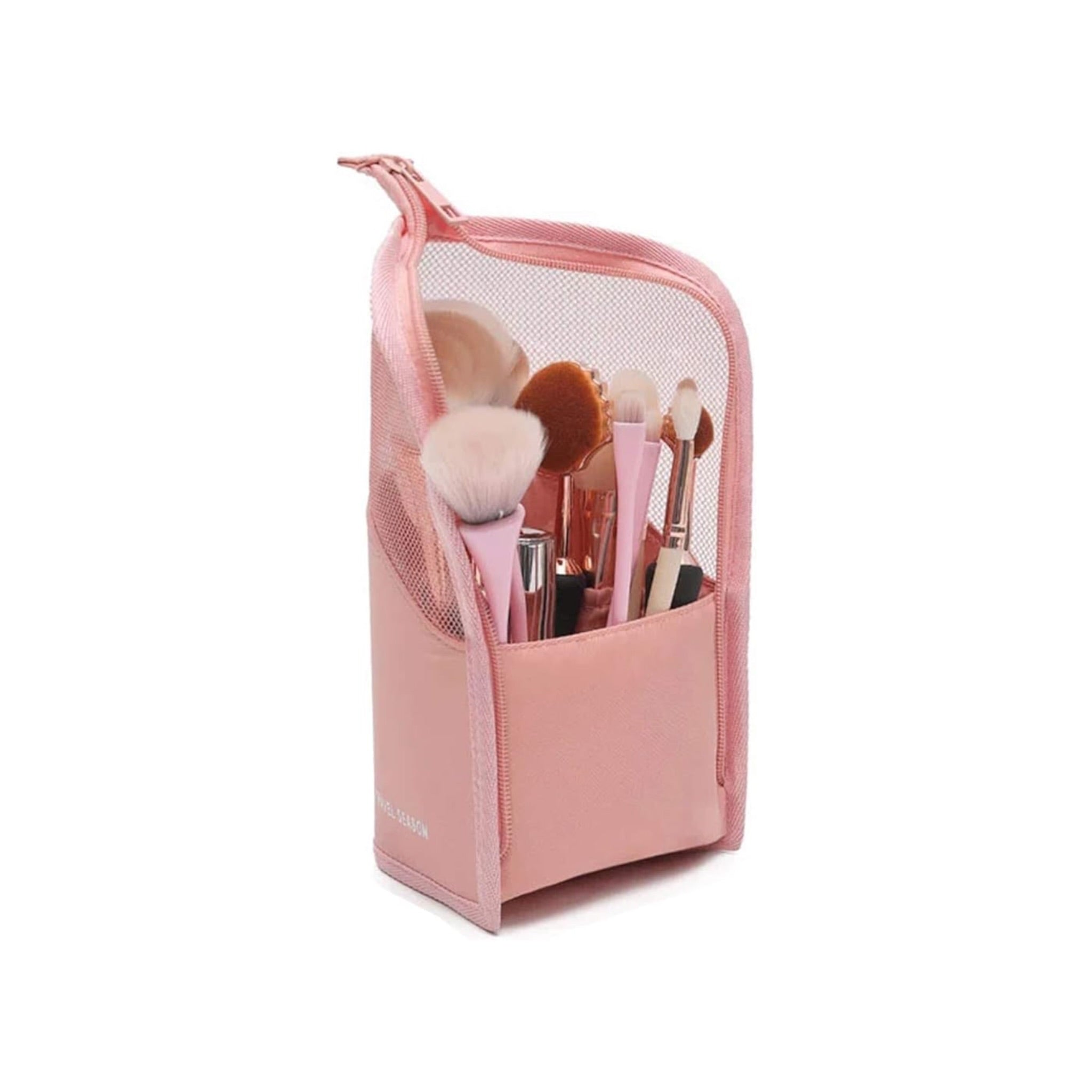 Problems Solved multifunctional makeup brush organiser bag with a semi-clear design, holding and protecting various makeup brushes.