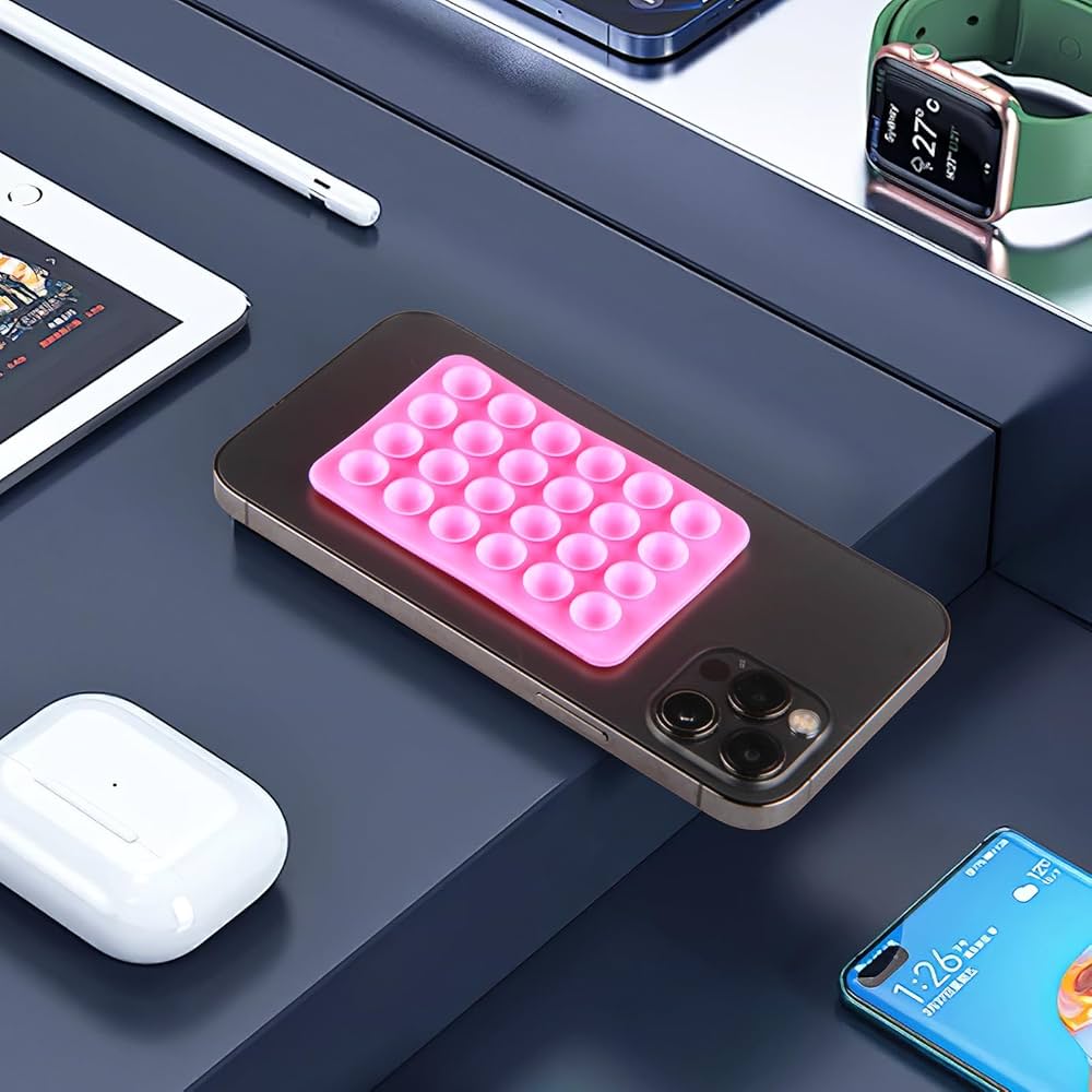 Problems Solved 3-piece silicone suction cup phone holder with double-sided design and 24 suction cups on a white background.