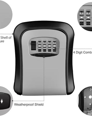 Wall-mounted Problems Solved key safe lock box with numeric code, outdoor key holder and secure storage for keys.