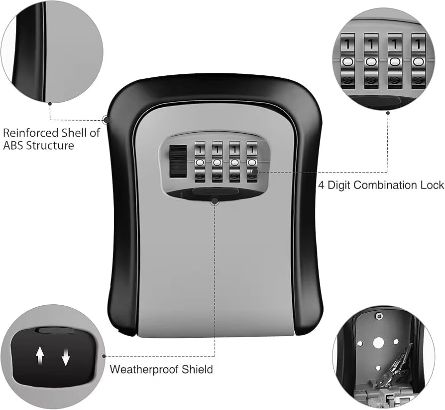 Wall-mounted Problems Solved key safe lock box with numeric code, outdoor key holder and secure storage for keys.