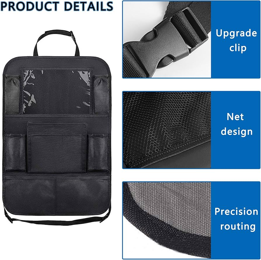 Problems Solved 2PCS car seat back organizer with six pockets, large capacity for storing travel essentials in vehicle.