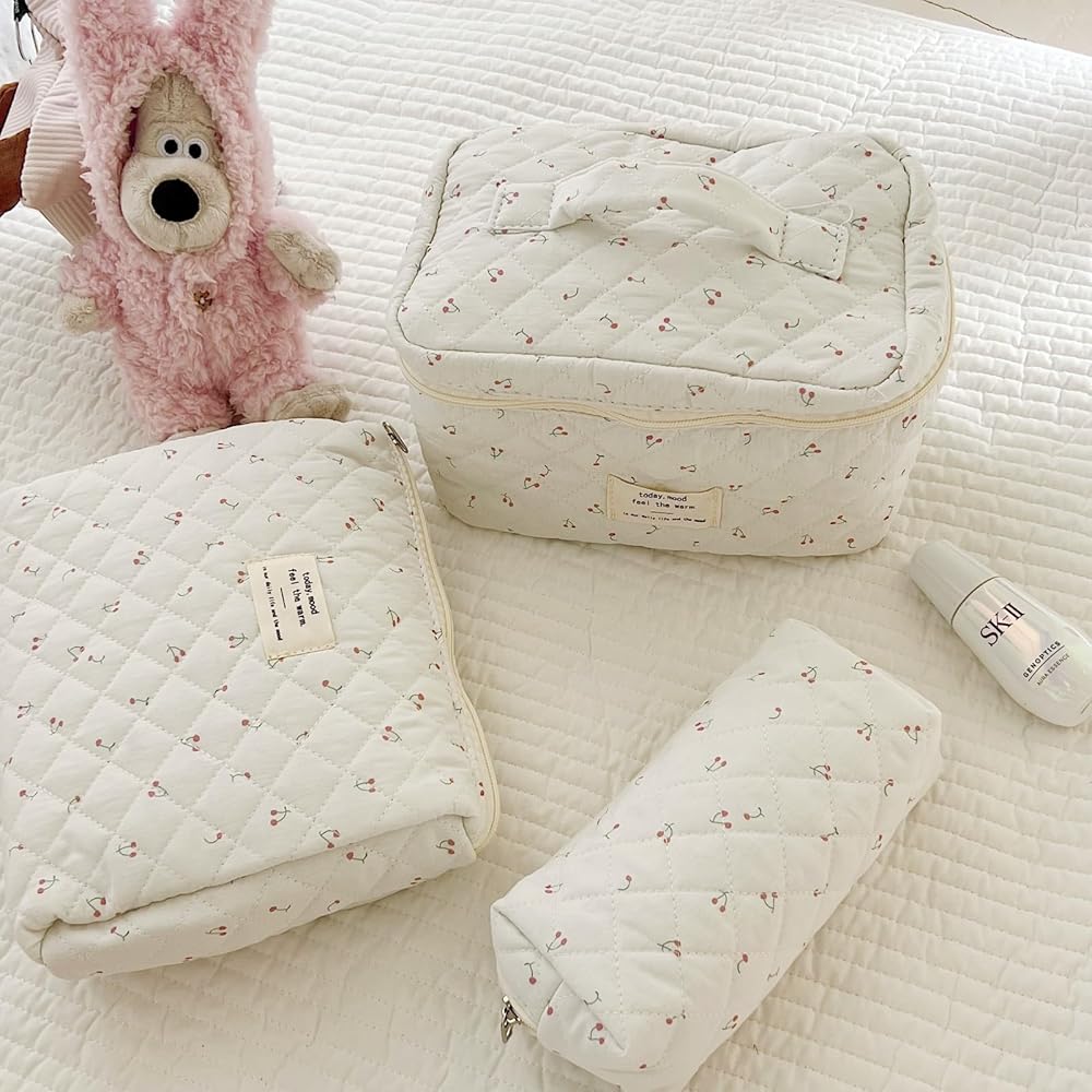 Beauty Case, 3 Pieces Floral Large Capacity Makeup Bag, Quilted Toiletry Bag