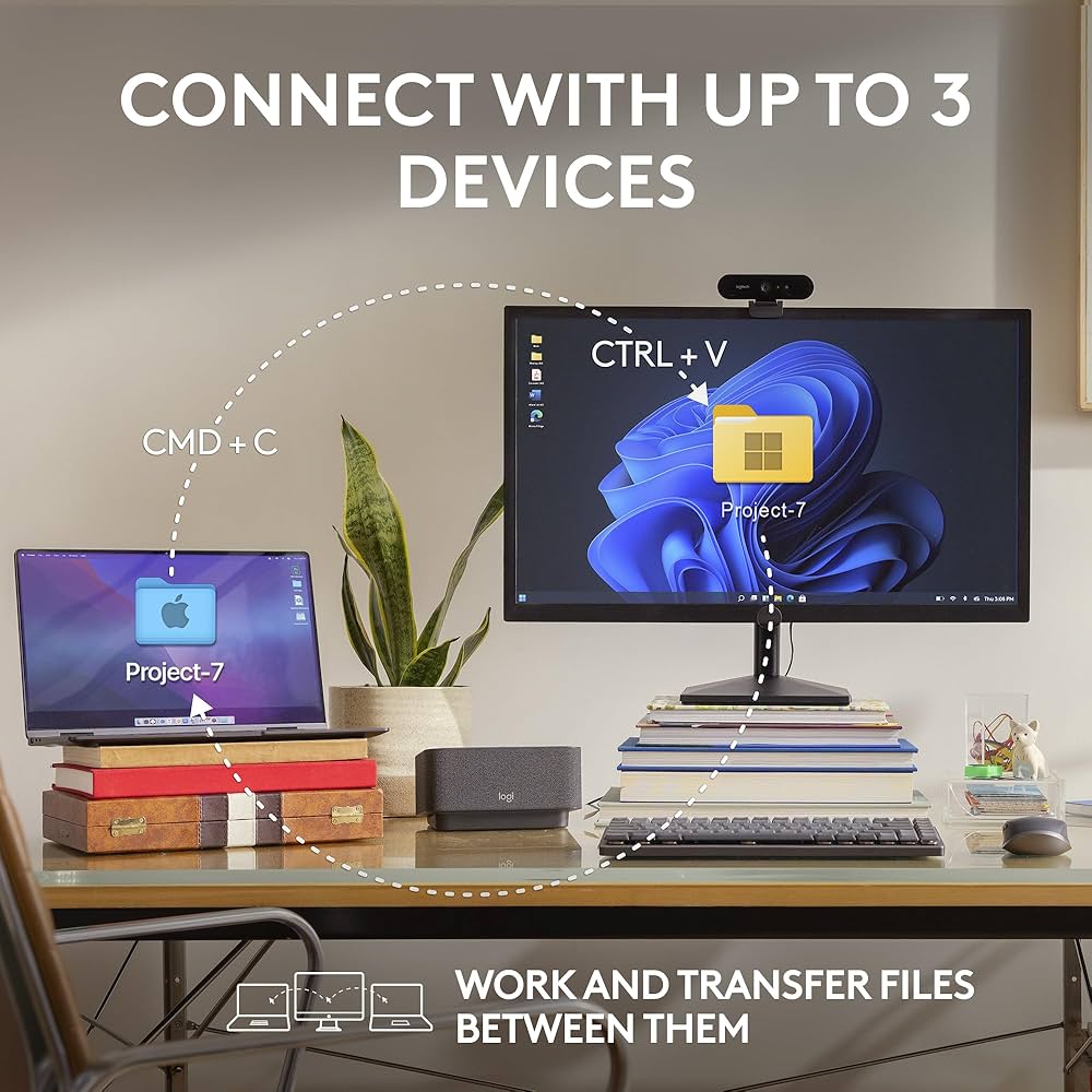 Logitech MX Anywhere 3S compact wireless mouse with fast scrolling and 8K DPI on various surfaces, shown in the image.