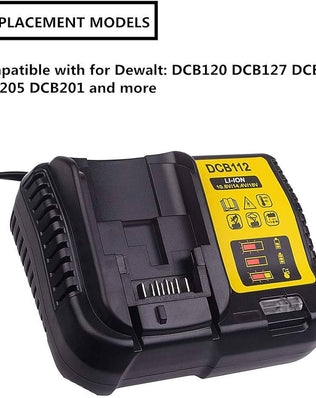 Problems Solved fast charger replacement for Dewalt 12V-18V lithium-ion batteries, shown with charging port and LED indicator.