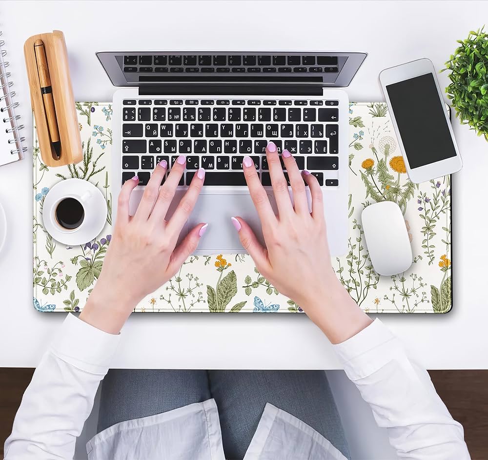 Problems Solved cute flowers desk mat featuring pressed dried floral design, ideal as a floral mouse pad for a decorative workspace.