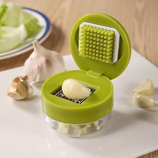 Problems Solved mini garlic chopper and press with container, manual garlic mincer and crusher for quick food prep.