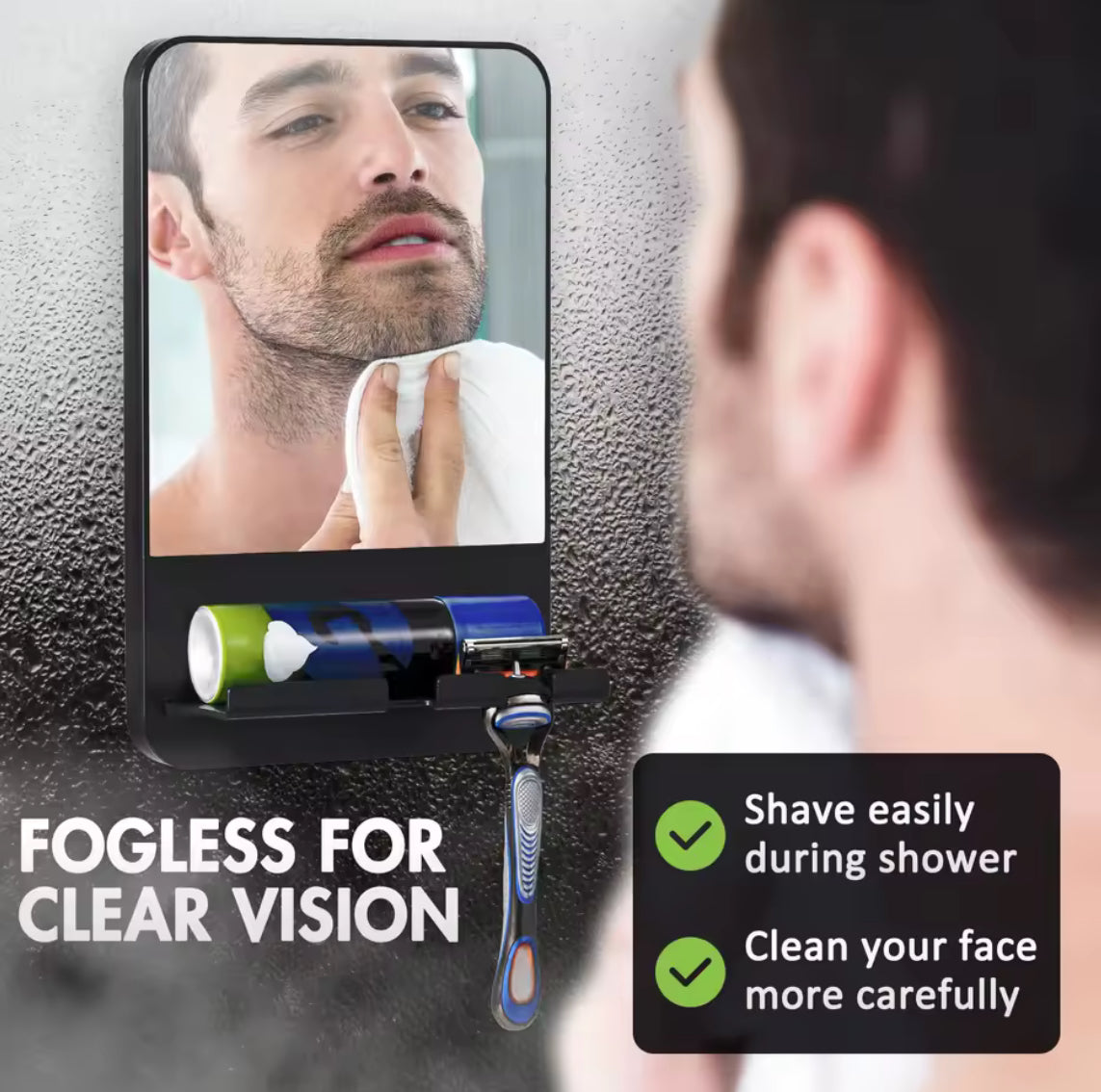 Shower Shaving Mirror with Storage Tray, with Razor Holder, Suction Cup Removable - Problems Solved