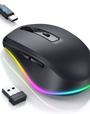 Wireless Rechargeable LED Mouse by Problems Solved with 2.4G USB connection and silent click buttons, designed for laptops.