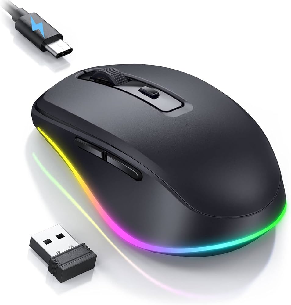 Wireless Rechargeable LED Mouse by Problems Solved with 2.4G USB connection and silent click buttons, designed for laptops.
