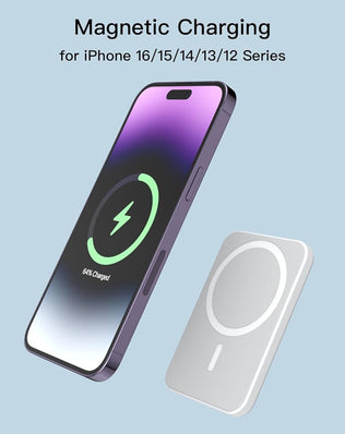 Problems Solved wireless magnetic power bank with 5000mAh capacity, MagSafe compatible portable charger with 15W fast charging.
