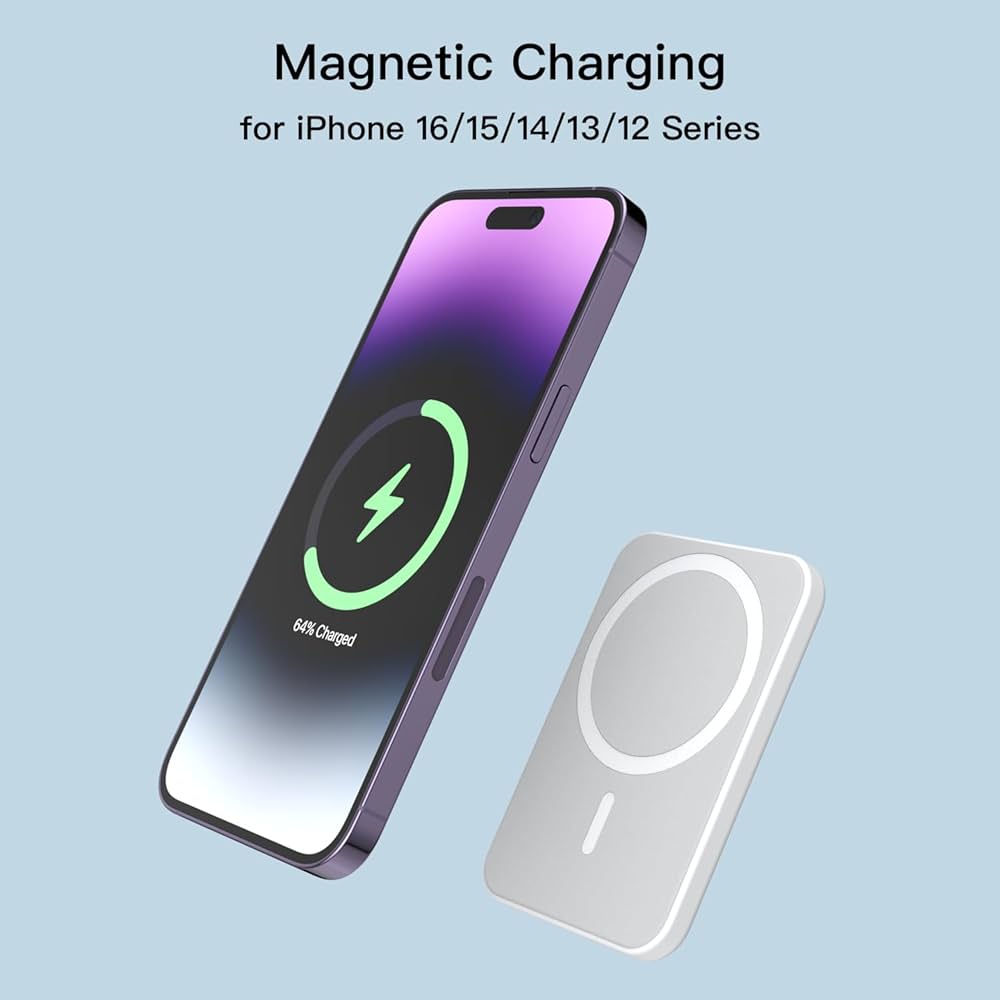 Problems Solved wireless magnetic power bank with 5000mAh capacity, MagSafe compatible portable charger with 15W fast charging.
