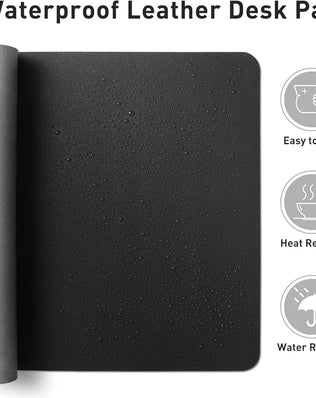 Problems Solved leather desk pad protector and mouse pad, non-slip PU leather office desk mat on a workspace.