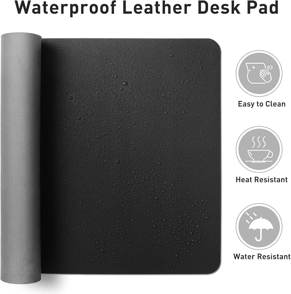 Problems Solved leather desk pad protector and mouse pad, non-slip PU leather office desk mat on a workspace.